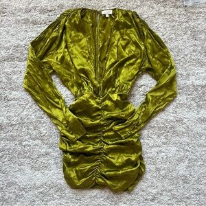 RONNY KOBO Green Michelle Ruched Satin Jacquard Silk Long Sleeve Mini Dress